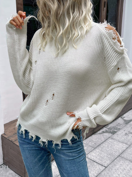 Distressed High Neck Cold-Shoulder Sweater